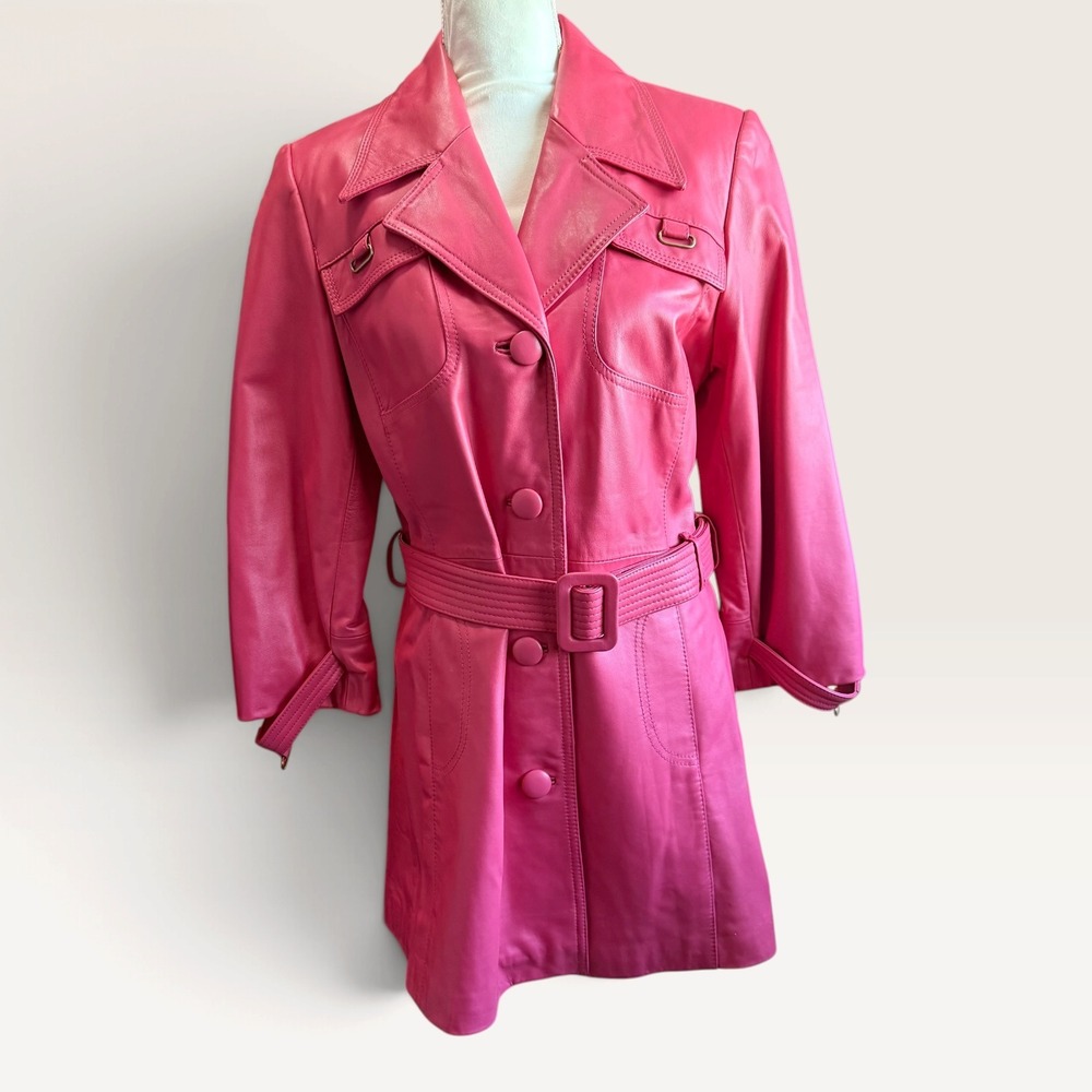 Ideology Pink Leather Trench Coat Size L Belted 3/4 Sleeve Barbiecore Jacket
